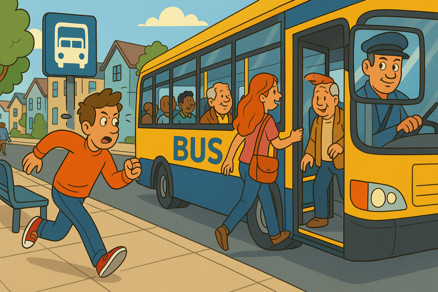 Person running towards departing bus at bus stop with houses in background